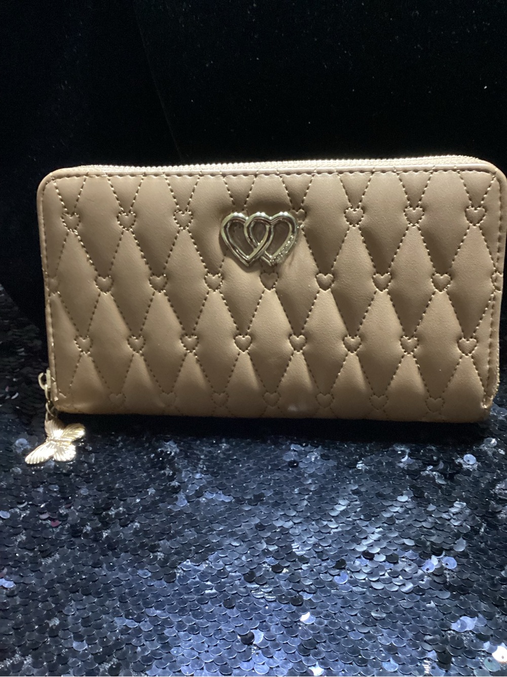 Betsey Johnson Quilted Heart Zip Wallet - Beige